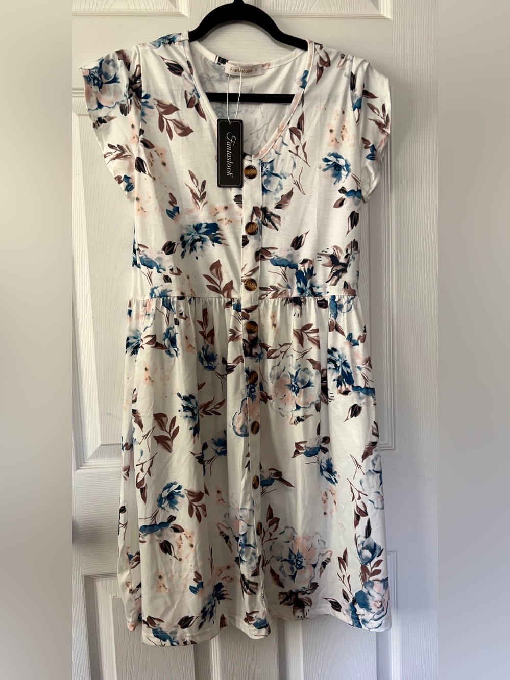 Women's Cream Floral Button-Front Casual Dress with Blue and Brown Accents
